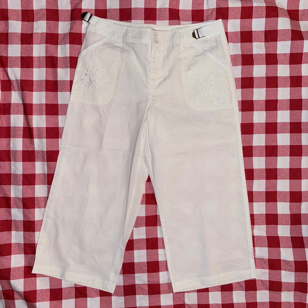 Caribbean‎ Joe 8P White Linen Cotton Embroidered Cropped Pants